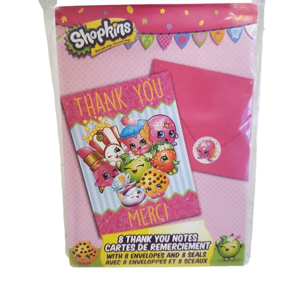 Shopkins Birthday Thank You Cards Envelopes Shopkins Stickers 8 Pack Merci Cards - Picture 2 of 6